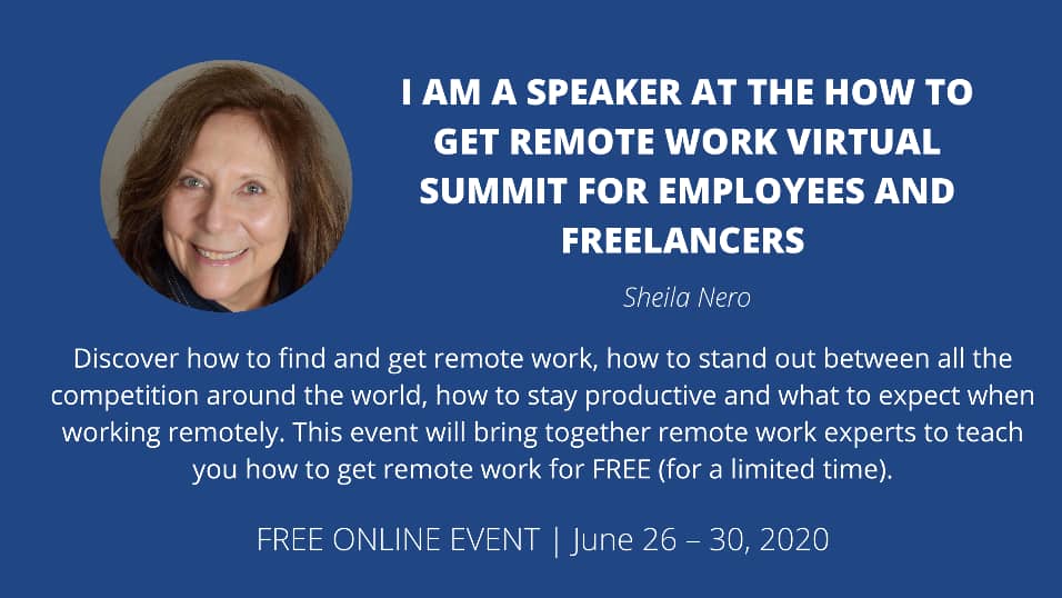 Business Card with Sheila Nero Bio for "how to Get Remote Work Virtual Summit for Emplyees ad Freelancers"